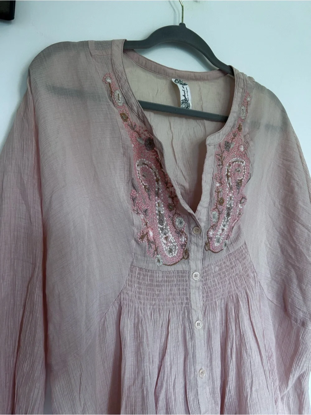 Free People Vintage‎ Dusty Pink Gauzy Semi Sheer Button Up Blouse Shirt
